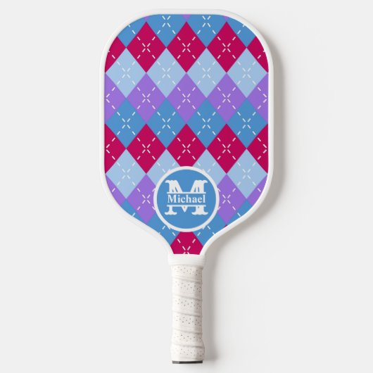 Blauw Raspberry Lavendel Magenta Argyle Personalis Pickleball Paddle (Voorkant)
