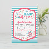 Blauw & Raspberry Red Nautisch Baby shower Kaart (Staand voorkant)