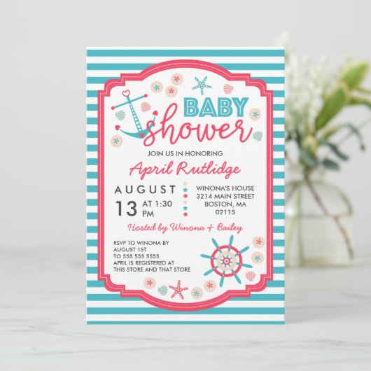 Blauw & Raspberry Red Nautisch Baby shower Kaart (Staand voorkant)