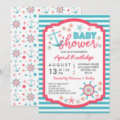 Blauw & Raspberry Red Nautisch Baby shower Kaart (Voorkant / Achterkant)