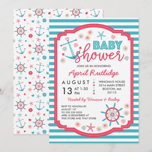 Blauw & Raspberry Red Nautisch Baby shower Kaart (Voorkant / Achterkant)