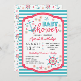 Blauw & Raspberry Red Nautisch Baby shower Kaart