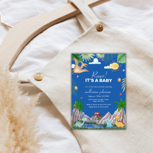 Blauw Rawr Vulkan Berg Dinosaur Baby Shower Kaart