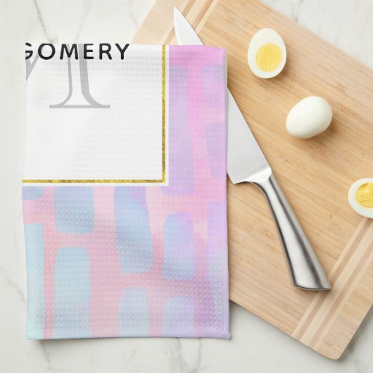 Blauw rechthoekig patroon Patroonmonogram Theedoek (Quarter Fold)