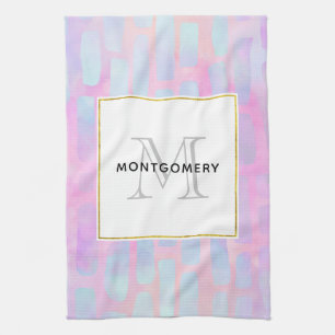 Blauw rechthoekig patroon Patroonmonogram Theedoek