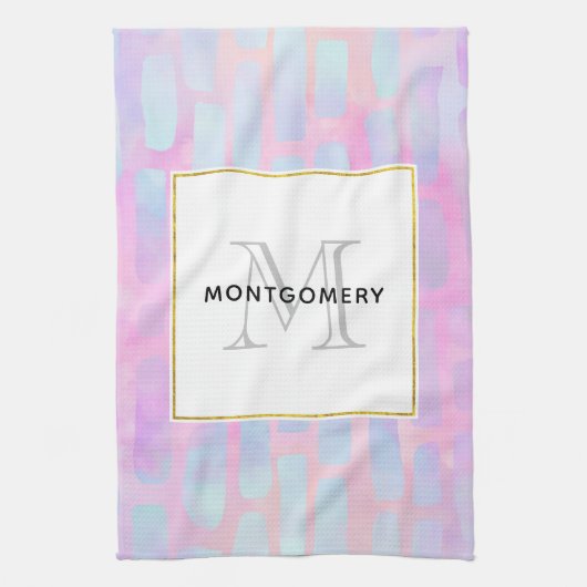 Blauw rechthoekig patroon Patroonmonogram Theedoek (Verticaal)