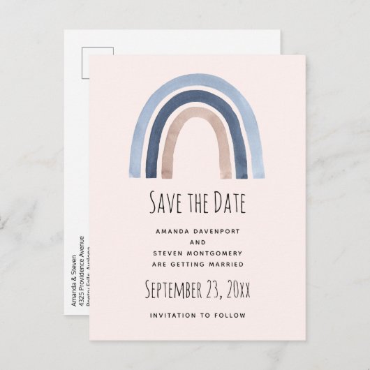 Blauw Regenboog Boho Design Save the Date Bruiloft Aankondigingskaart (Voorkant / Achterkant)