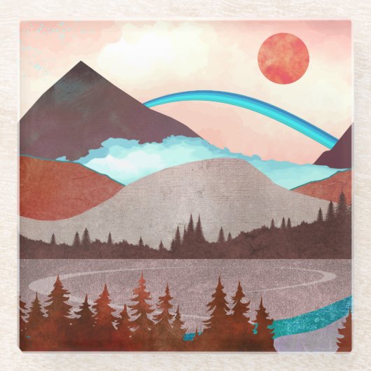 Blauw regenbooglandschap glazen onderzetter (Voorkant)