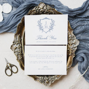 Blauw Regency Bloemenkroon Monogram Huwelijk  Bedankkaart