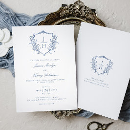 Blauw Regency Bloemenkroon Monogram Huwelijk  Kaart