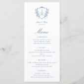 Blauw Regency Bloemenkroon Monogram Huwelijk Menu (Voorkant)