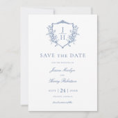 Blauw Regency bloemenkroon Monogram Huwelijk Save The Date (Voorkant)