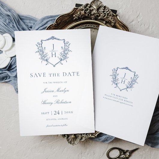 Blauw Regency bloemenkroon Monogram Huwelijk Save The Date