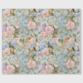 Blauw Regency Bloemige Oude Rozen & Hortensia Cadeaupapier (Vlak)