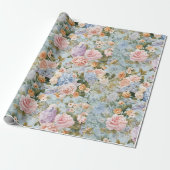 Blauw Regency Bloemige Oude Rozen & Hortensia Cadeaupapier (Uitgerold)