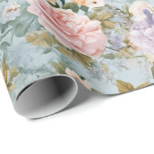 Blauw Regency Bloemige Oude Rozen & Hortensia Cadeaupapier (Rol Hoek)