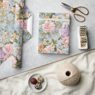 Blauw Regency Bloemige Vintage Rozen & Hortensia's Cadeaupapier