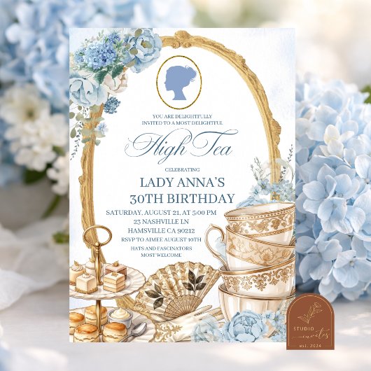Blauw Regency High Tea Verjaardagsfeestje Kaart