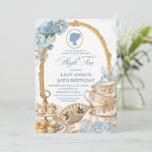 Blauw Regency High Tea Verjaardagsfeestje Kaart (Staand voorkant)