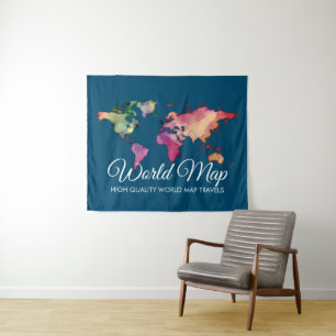 Blauw Reisagentschap Aquarel Wereldkaart Wandkleed