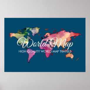 Blauw Reisagentschap Kleurrijke Aquarel Wereldkaar Poster