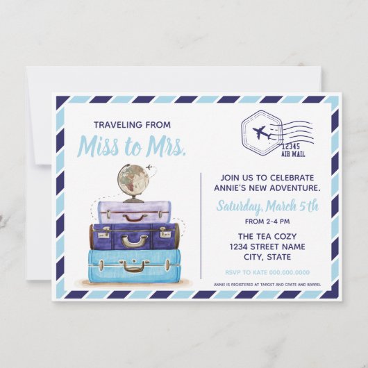 Blauw reisthema: uitnodiging voor de bruidsdouche (Voorkant)