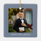 Blauw Religieus Kruis Eerste Communie Foto Keramisch Ornament (Achterkant)