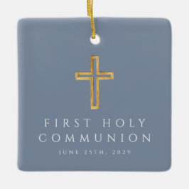 Blauw Religieus Kruis Eerste Communie Foto Keramisch Ornament
