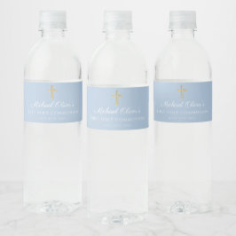 Blauw Religieus Kruis Jongen Eerste Communie Waterfles Etiket