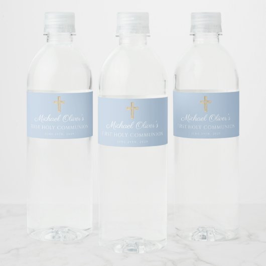 Blauw Religieus Kruis Jongen Eerste Communie Waterfles Etiket (Flessen)