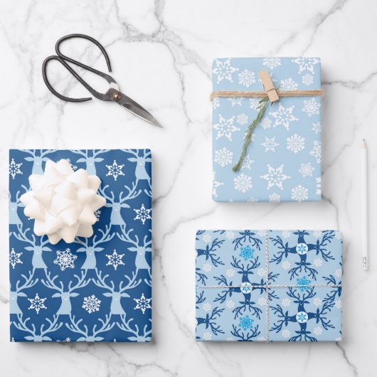 Blauw rendier kerstpatroon inpakpapier vel (Voorkant)