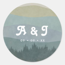 Blauw Retro Bergen en Bos Bruiloft Monogram