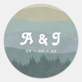 Blauw Retro Bergen en Bos Bruiloft Monogram Ronde Sticker