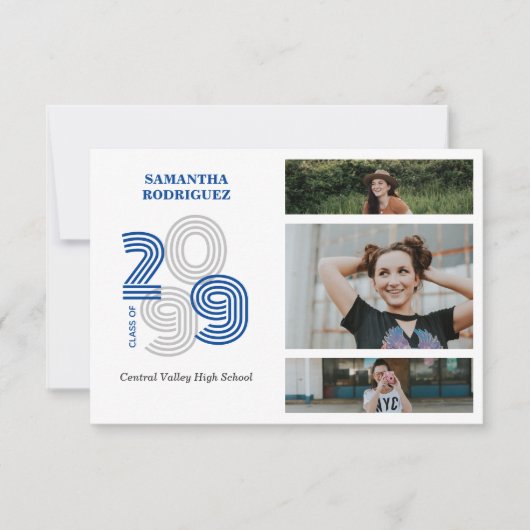 Blauw Retro Big Numbers 3-foto Afstuderen Kaart (Voorkant)