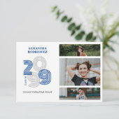Blauw Retro Big Numbers 3-foto Afstuderen Kaart (Staand voorkant)