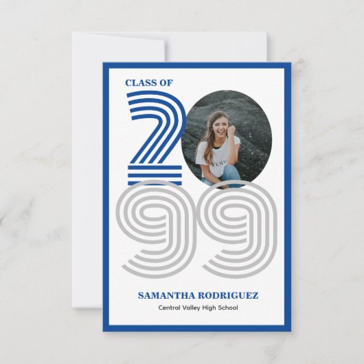 Blauw Retro Big Numbers Afstuderen Foto Kaart (Voorkant)