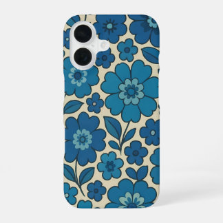 Blauw Retro Bloem iPhone Hoesje Slank iPhone 16 Hoesje