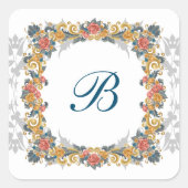 Blauw Retro  Bloemenkrans Vierkante Stickers (Voorkant)