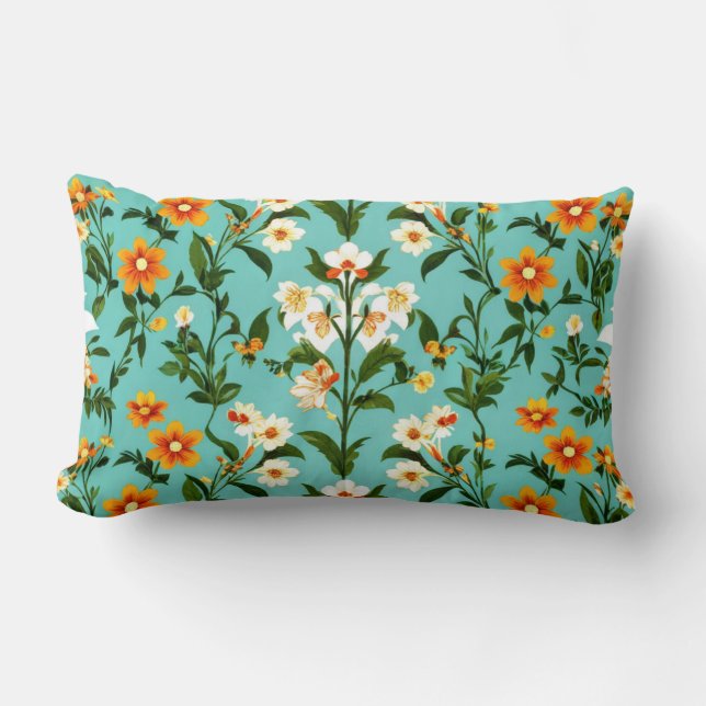 Blauw Retro Boho  Bloemenpatroon Kussen (Voorkant)