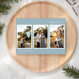 Blauw Retro Boho Minimalistische Vijf Foto Collage Feestdagenkaart