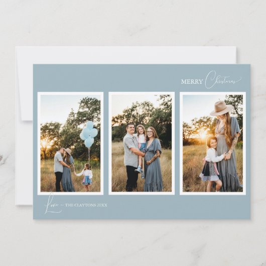 Blauw Retro Boho Minimalistische Vijf Foto Collage Feestdagenkaart (Voorkant)