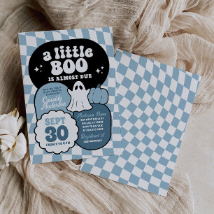 Blauw Retro Dambord Little Boo Baby Shower Kaart