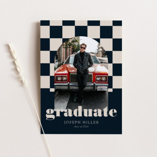 Blauw Retro geruit boog  foto Afstuderen Kaart