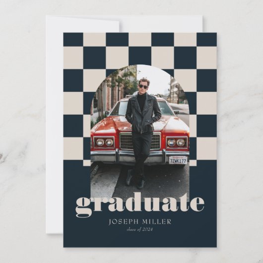 Blauw Retro geruit boog  foto Afstuderen Kaart (Voorkant)