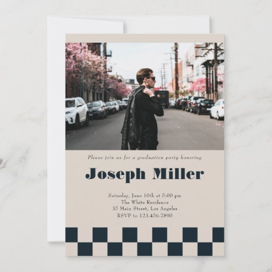 Blauw Retro geruit boog  foto Afstuderen Kaart (Achterkant)