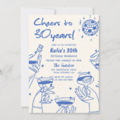 Blauw Retro Hand Getekende Funky 30e Verjaardag Kaart (Voorkant)