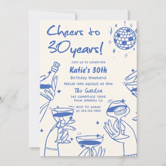 Blauw Retro Hand Getekende Funky 30e Verjaardag Kaart (Voorkant)