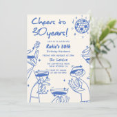 Blauw Retro Hand Getekende Funky 30e Verjaardag Kaart (Staand voorkant)