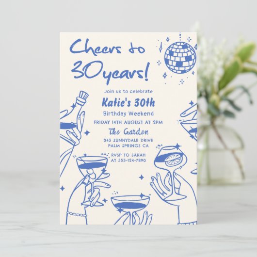 Blauw Retro Hand Getekende Funky 30e Verjaardag Kaart (Staand voorkant)