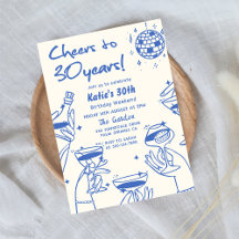 Blauw Retro Hand Getekende Funky 30e Verjaardag